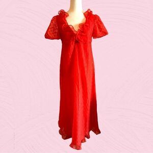 Vintage 60s bright red ruffled maxi gown